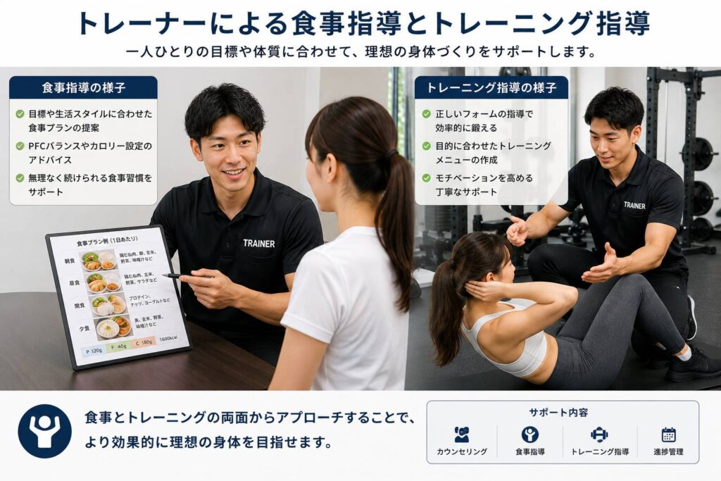 パーソナルジムで食事管理とトレーニング指導を受ける様子