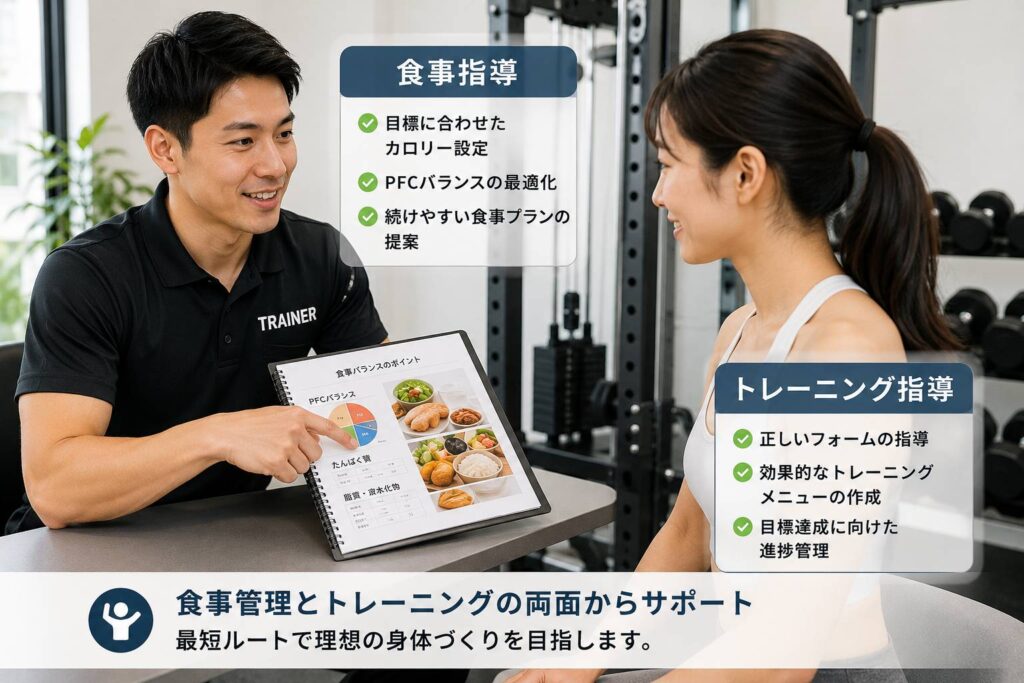 パーソナルジムで食事管理とトレーニング指導を受ける様子
