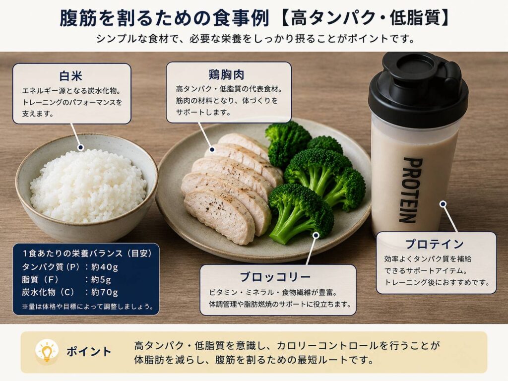 腹筋を割るための高タンパク低脂質の食事例
