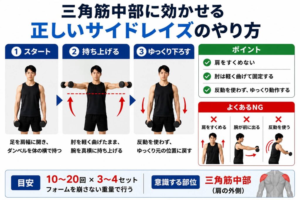 三角筋中部に効かせる正しいサイドレイズのやり方